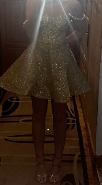 Cute Champagne Homecoming Dress Glittering Sequin Party Dress Pearl Straps A-Line Short Cocktail Dress HZ1024