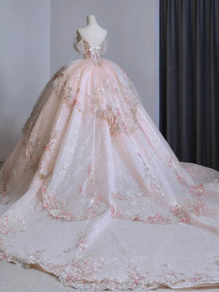 Vintage Pink Glittering Beaded Sweetheart Tulle Sweet 16 Quinceanera A-Line Off-the-shoulder Evening Dress Long Ball Gown HZ1024