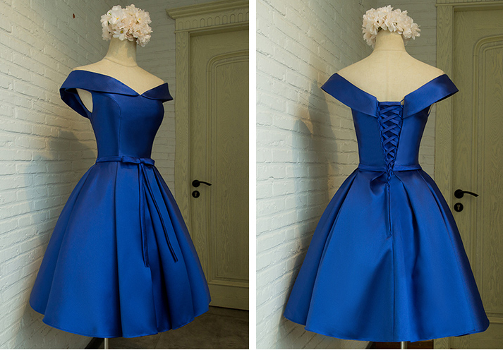 Cute off shoulder satin short prom dress,homecoming dresses  7644
