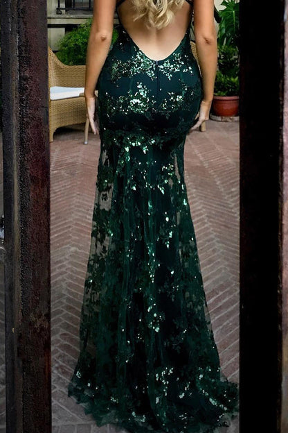 Lace-Up Mermaid Long Gold Prom Dress with Sequins