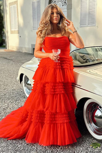 Daniela |A-Line Strapless Tulle Long Prom Dress with Tiered Ruffles