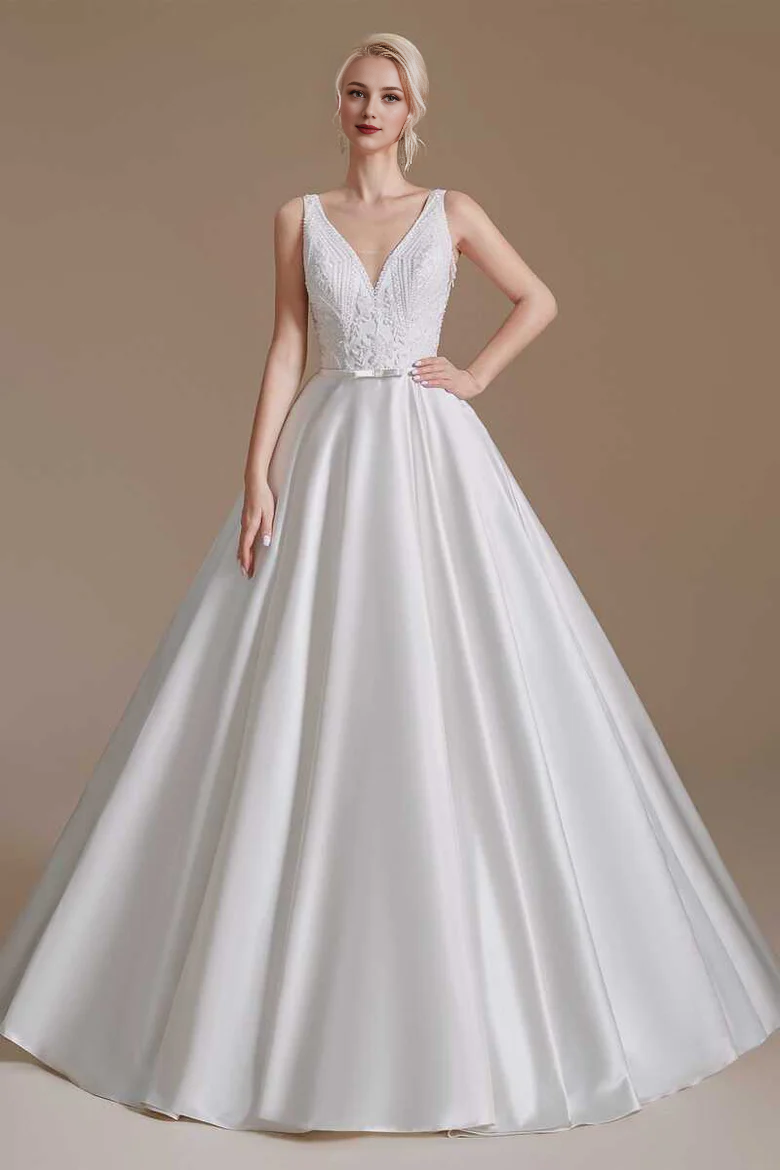 Embroidered V-Neck Open Back A-Line Long Wedding Dress