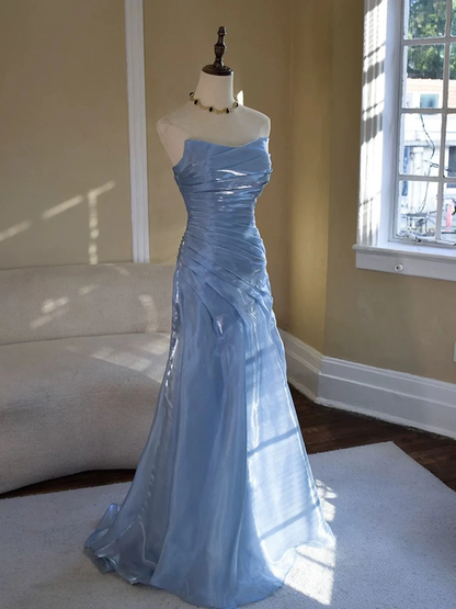 Inspired Blue Strapless Pleated Mermaid Gown Prom Evening Dresses Elegant