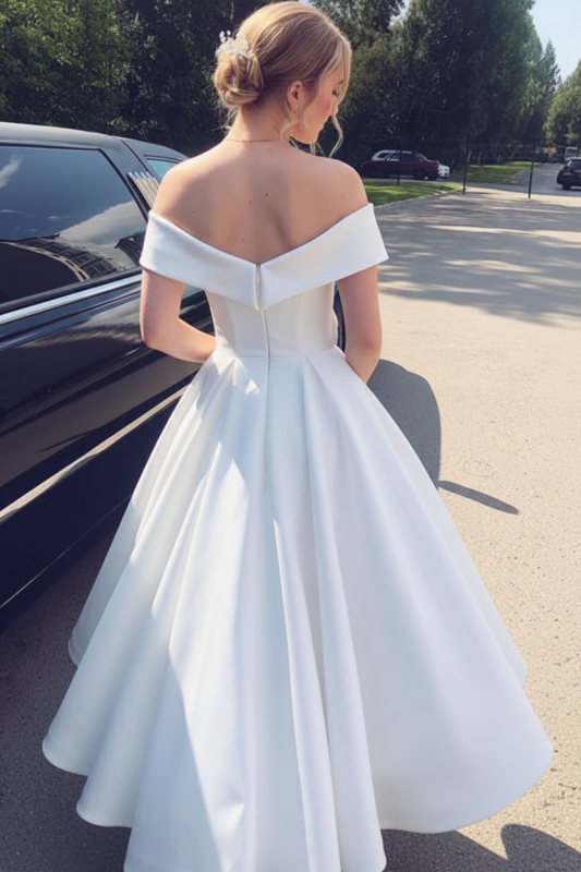 Elegant Off the Shoulder Tea Length White Satin Wedding Dress