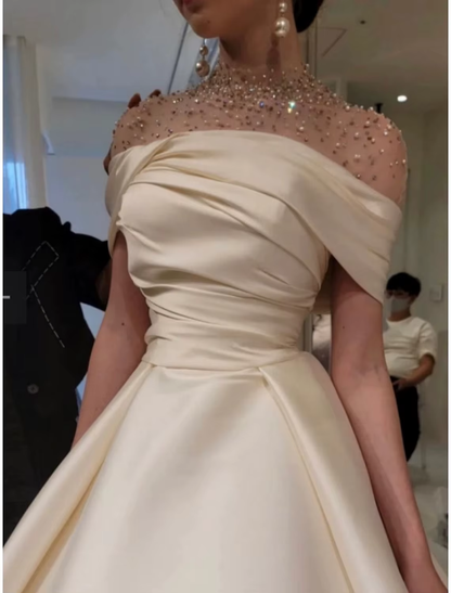 Elegant A-Line Evening Gown Elegant Dress Formal Floor Length Short Sleeve Illusion Neck Satin with Ruched Beading Prom Dress HZ1024