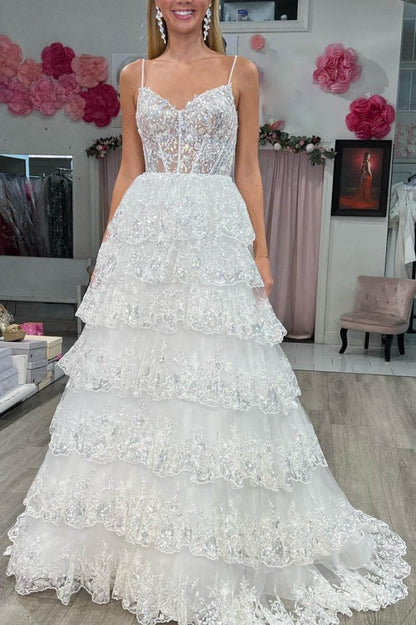 Maryam |A Line Spaghetti Straps Tiered Lace Prom Dress