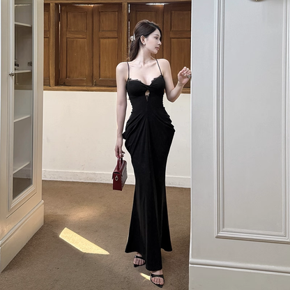 Enchanting Black Sweetheart Spaghetti Strap Pleated Mermaid Prom Dress Evening Dress HZ1024