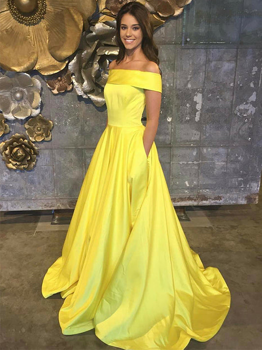 Yellow Off the Shoulder A-line Floor Length Prom Dress Evening Dress, OL723