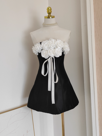 Vintage 3D Flowers Strapless A-Line Lace-up Satin Homecoming Dress Party Dress Short Cocktail Dress HZ1024