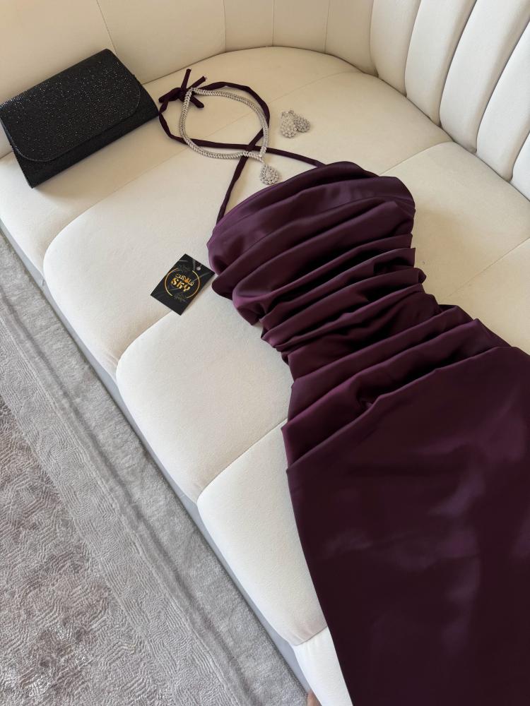 Elegant Sheath Halter Sleeveless Burgundy Satin Backless Prom Dresses Long Evening Dress HZ1024