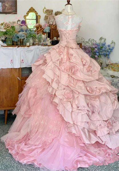 Elegant Pink 3D Flower Sweet 16 Quinceanera A-Line Floor-length Prom Dress Birthday Dress Evening Dress Ball Gown HZ1024