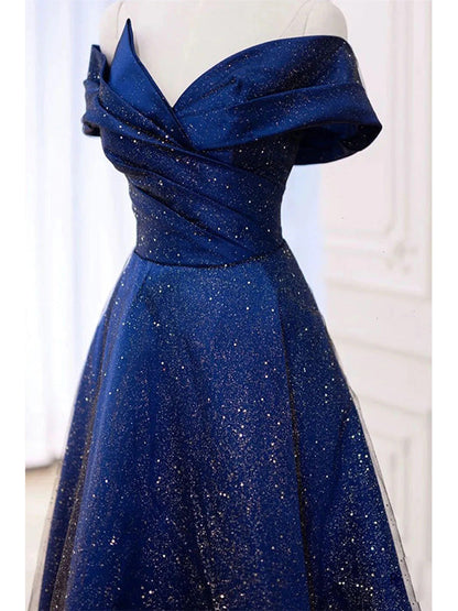 Royal Blue Off the Shoulder V-neck Long Prom Dress Evening Dress, OL775
