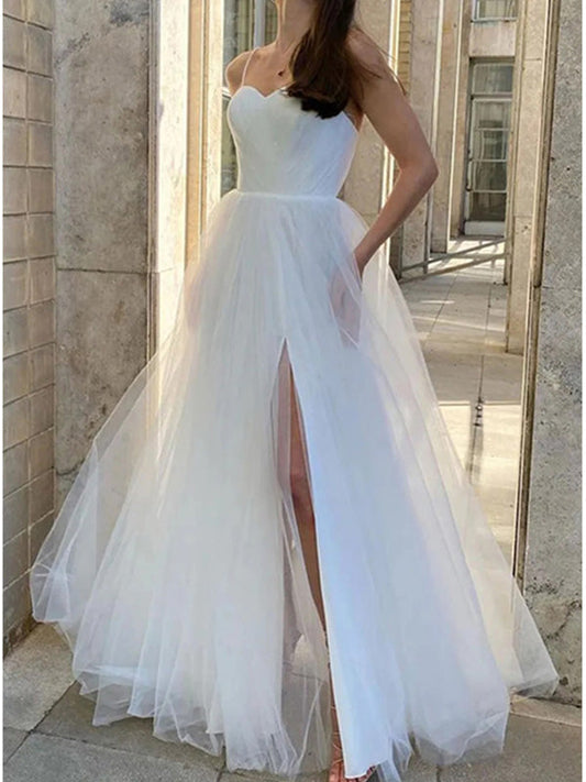 White Spaghetti Straps Tulle Side Slit Long Prom Dress Evening Dress, OL776