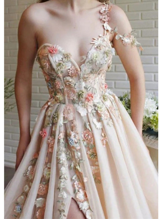Flower Off the Shoulder V-neck A-line Long Prom Dress Evening Dress with Side Slit, OL779