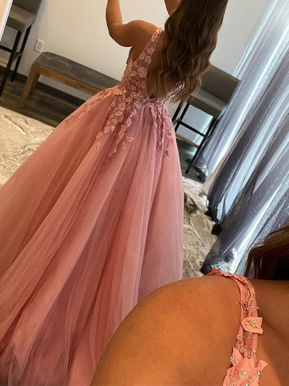 Elegant Pink V-neck Tulle A-line Long Gown Prom Dress Evening Dress, OL787