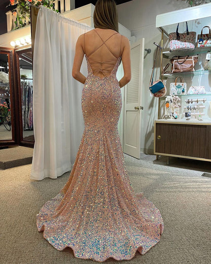 Sparkly Spaghetti Straps Cross Back Mermaid Long Prom Dresses Formal Dress, OL811