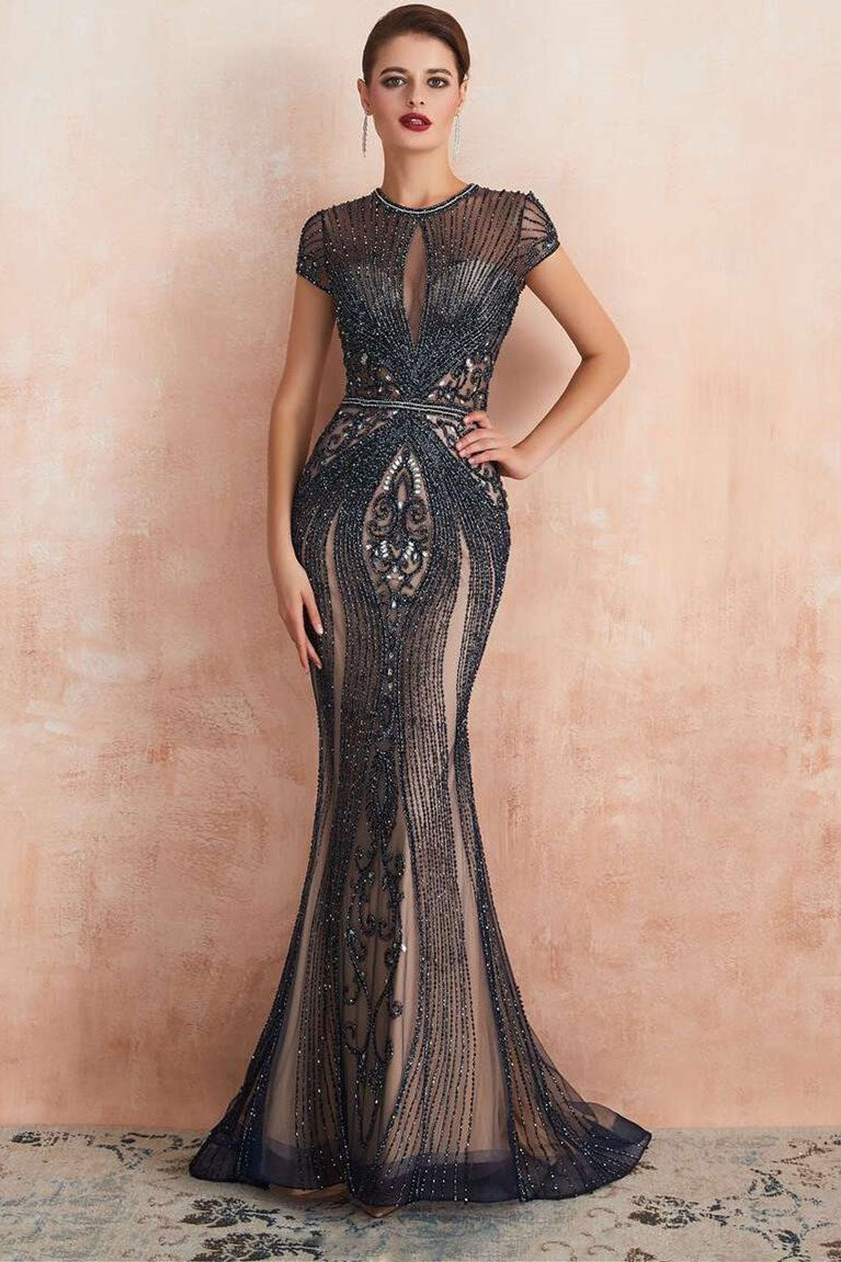 Gorgeous Grey Cap Sleeve Beaded Mermaid Dress