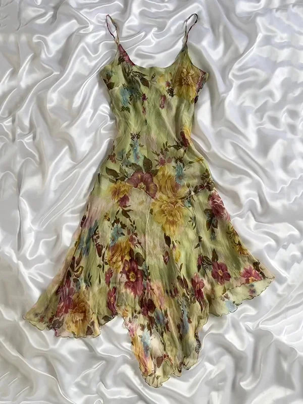 Vintage Floral Chiffon Spaghetti Strap Homecoming Dress Party Dress Cocktail Dress HZ1024