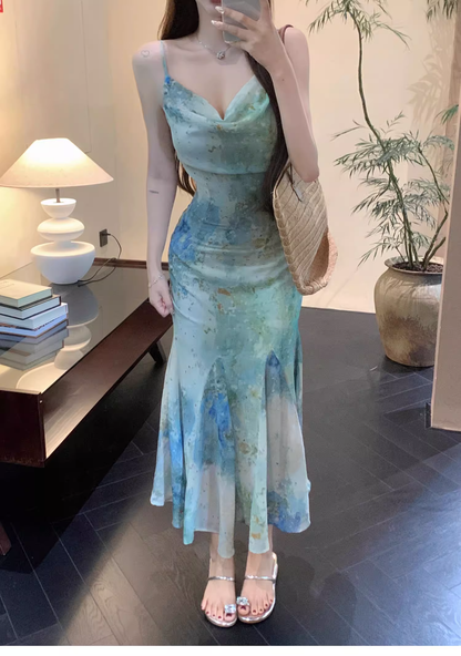 New Stylish Floral Design Elegant Casual Spaghetti Strap Dress HZ1024