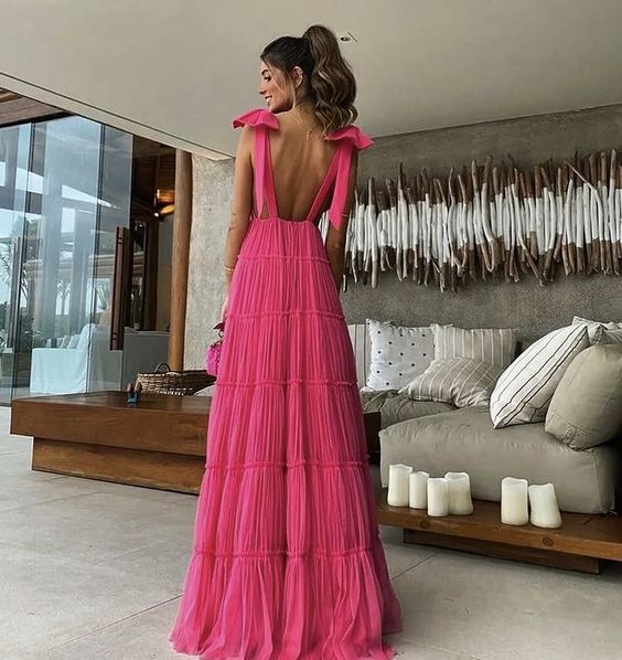 Vintage Hot Pink V-neck Prom Dress Long Pleated Evening Dress A-Line Backless Formal Dress HZ1024