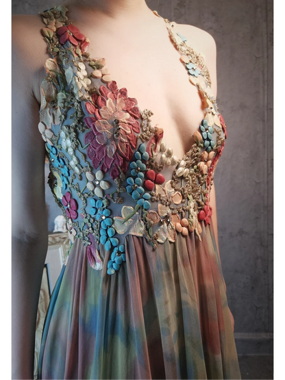 Vintage Floral Backless Design Elegant Chiffon Evening Dress Prom Dress HZ1024