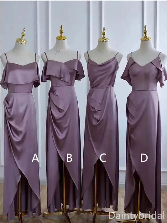Mismatched Spaghetti Straps Ruffle Mermaid Floor Length Bridesmaid Dresses with Side Slit, BG352
