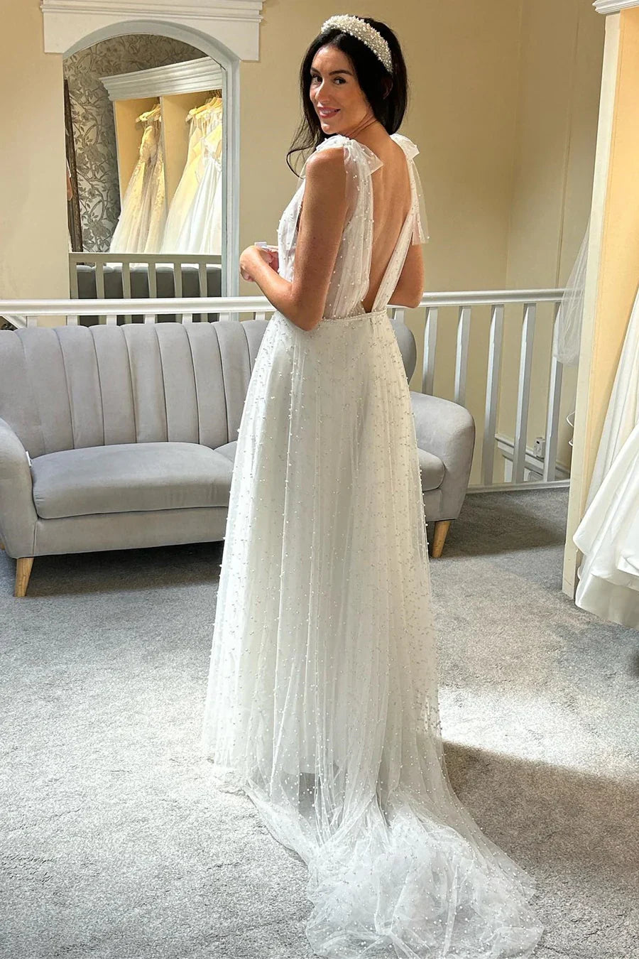 Tulle Pearls Bow Strap A-Line Bridal Gown