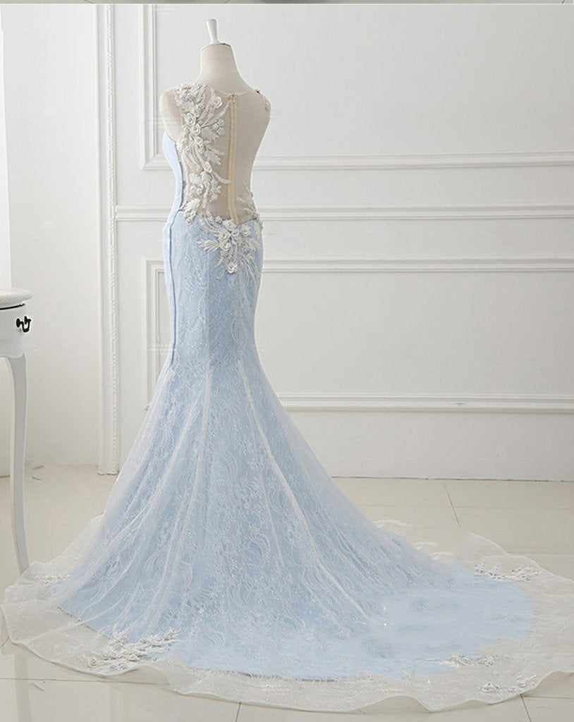 Baby Blue Sweep Train Lace Mermaid Evening Dresses, Formal Dress With Applique HZ0319