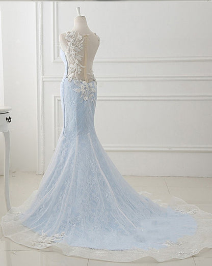 Baby Blue Sweep Train Lace Mermaid Evening Dresses, Formal Dress With Applique HZ0319