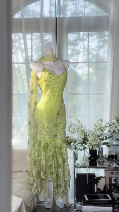 Retro Light Green Sparkling Sequin Spaghetti Strap Romantic Ball Gown Evening Dress Prom Dresses HZ1024