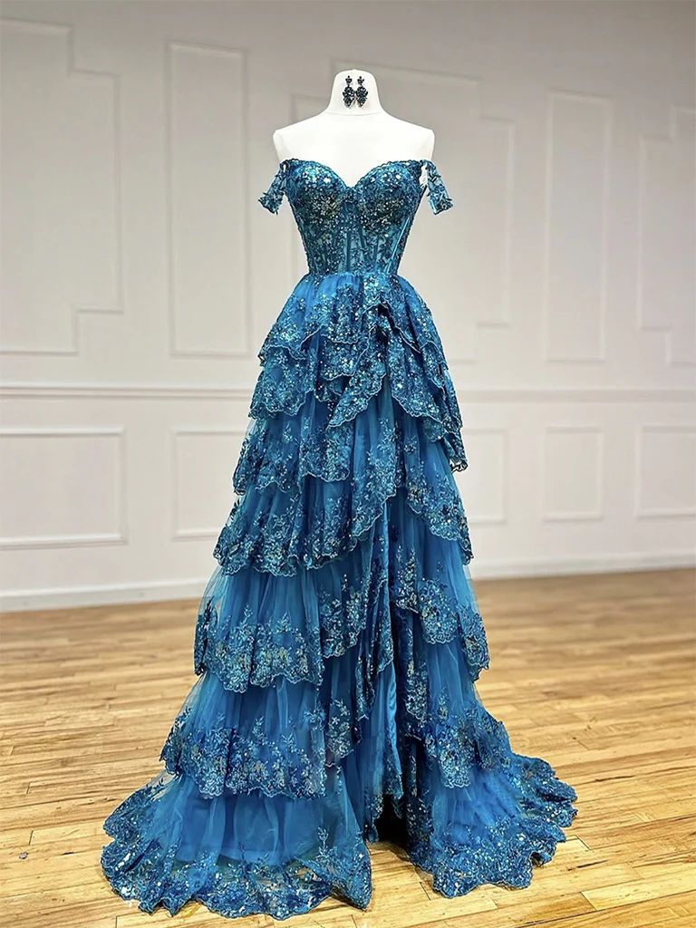 Vintage Sweetheart Sequin A-Line Sweetheart Evening Gown Off-the-shoulder Party Dress Tiered Floor Length Formal Dress HZ1024