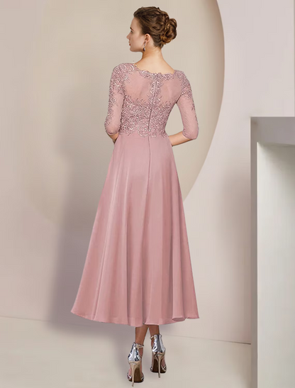 Two Piece A-Line Mother of the Bride Dress Formal Wedding Guest Elegant V Neck Chiffon Lace Sleeve Wrap Included with Appliques