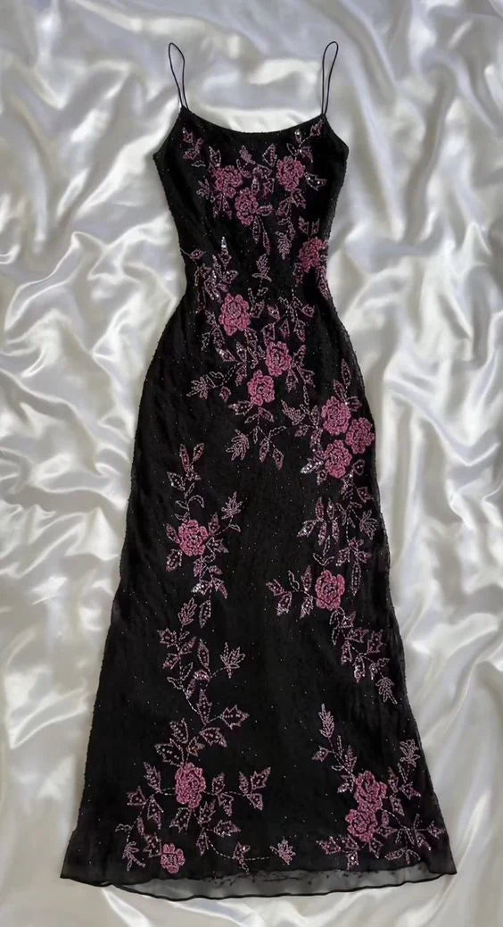 Retro Floral Exquisite Embroidered Spaghetti Strap A-Line Prom Dress Party Dress Evening Dress HZ1024