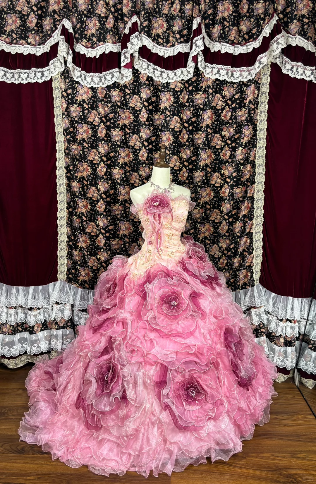 Pink 3D Flower Tulle Beaded Quinceanera Dress Evening Ball Gown HZ1024