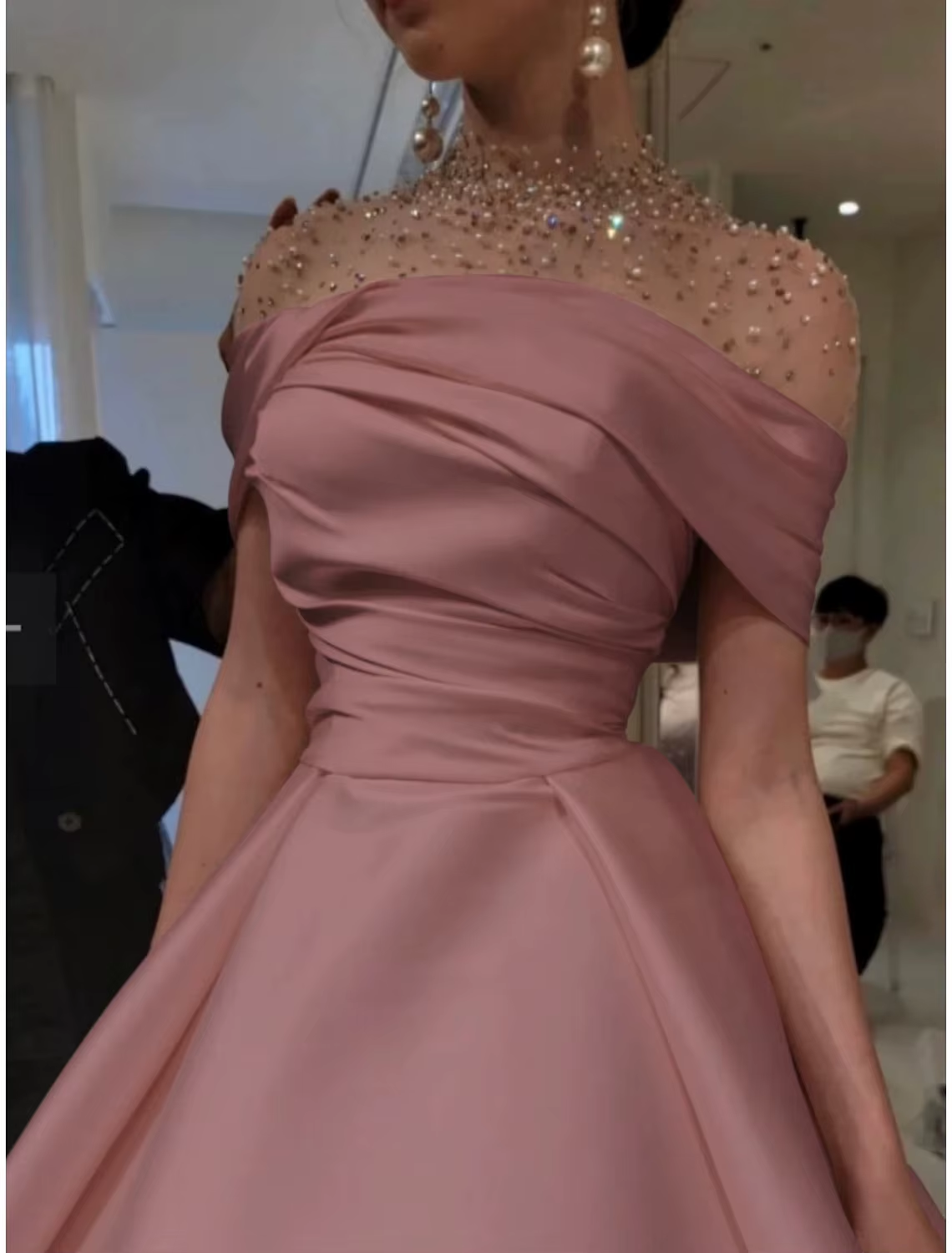 Elegant A-Line Evening Gown Elegant Dress Formal Floor Length Short Sleeve Illusion Neck Satin with Ruched Beading Prom Dress HZ1024