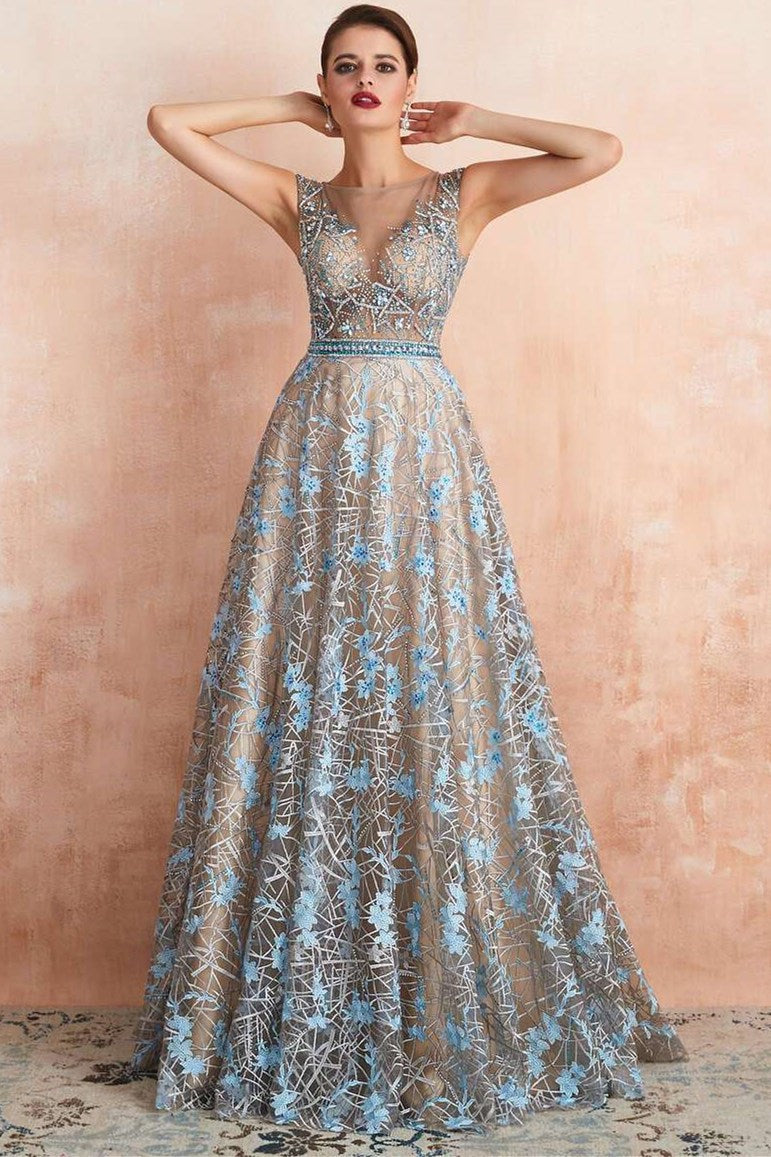 Ice Blue Beaded Applique Tulle A-line Prom Gown
