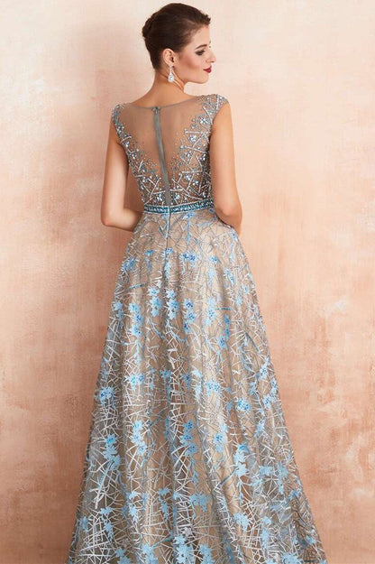 Ice Blue Beaded Applique Tulle A-line Prom Gown