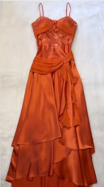 Spaghetti Straps Long Orange Party Dress Satin Evening Gown