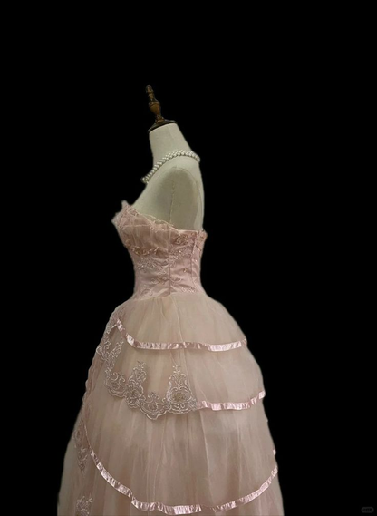Pink Tulle With Lace Princess Party Dress, Strapless Birthday Evening Dress S184