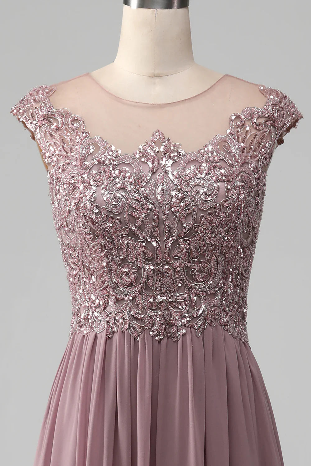 A-line Beaded Chiffon Round Neck Maxi Mother of the Bride Dress