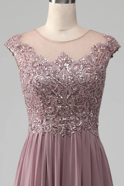 A-line Beaded Chiffon Round Neck Maxi Mother of the Bride Dress