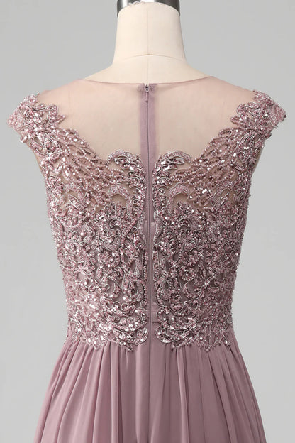A-line Beaded Chiffon Round Neck Maxi Mother of the Bride Dress