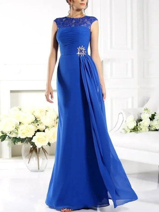 A-Line Mother of the Bride Dress Elegant Jewel Neck Floor Length Chiffon Lace Sleeveless with Sash / Ribbon Split Front Ruching - RongMoon