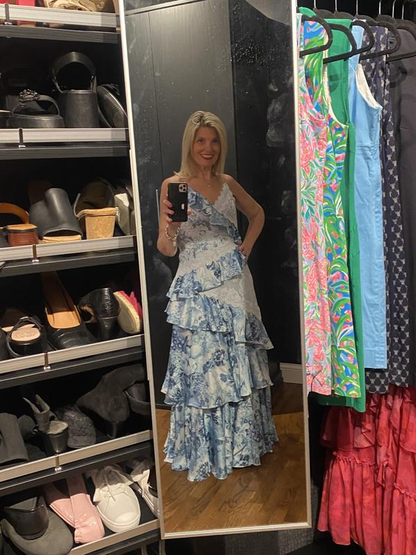 Vintage Blue Satin Print Tiered Ruffles A Line party Dress,Spaghetti Straps Prom Evening Dress cc2894