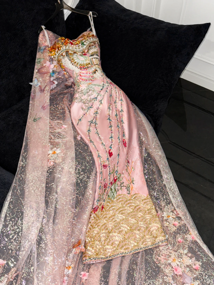 Sparkling Pink Beaded Sequined Design Elegant Mermaid Prom Dress Evening Dress HZ1024