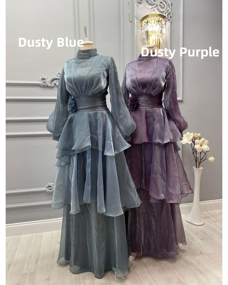 Blue High Neck Long Sleeves A-Line Chiffon Modest Long Formal Party Dress, HZ0319