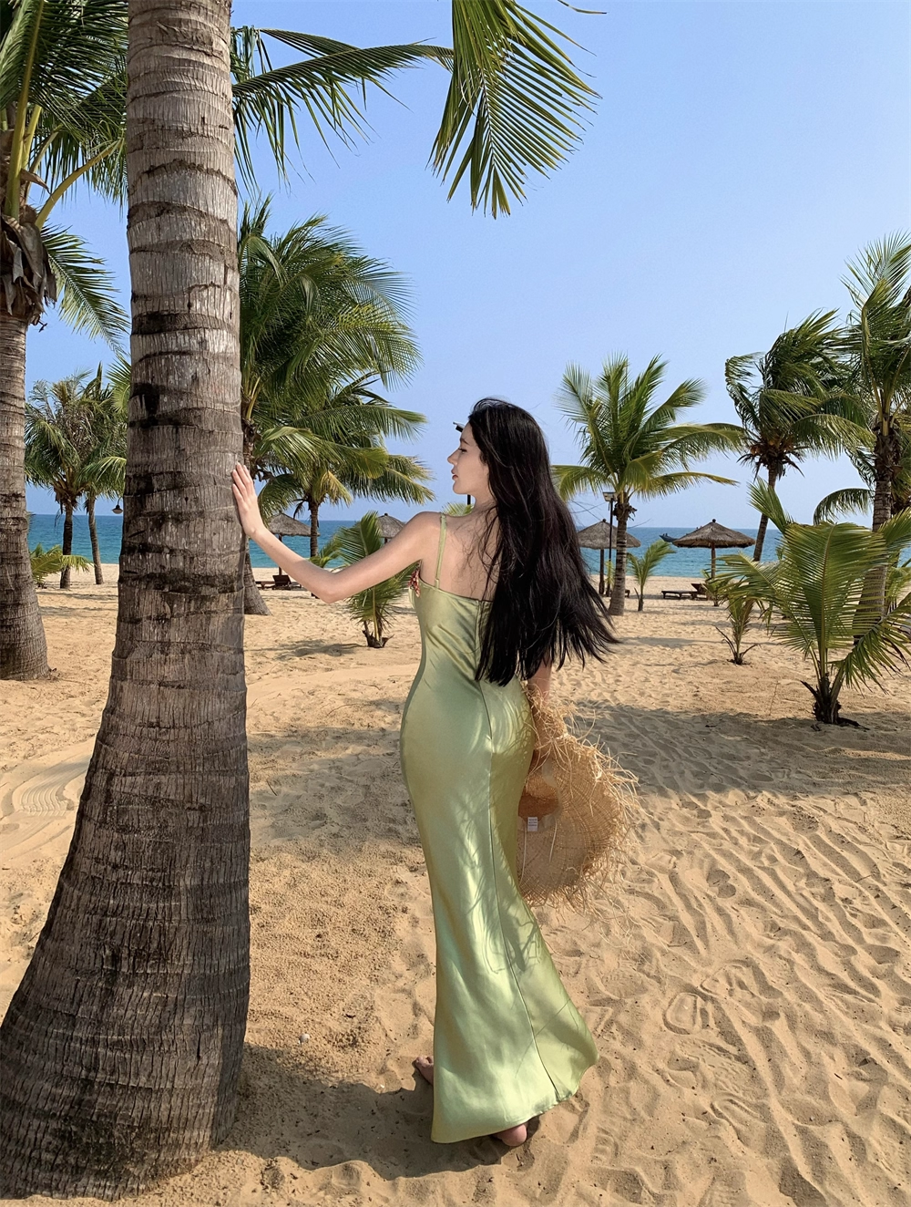Vintage Green Floral Mermaid Spaghetti Strap Design Satin Prom Dress Evening Dress HZ1024