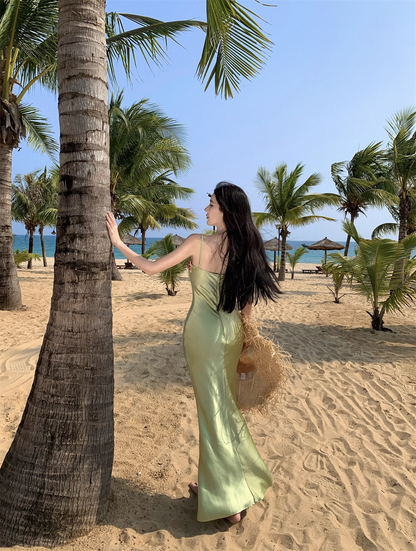 Vintage Green Floral Mermaid Spaghetti Strap Design Satin Prom Dress Evening Dress HZ1024
