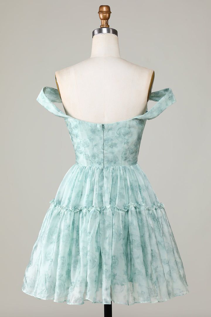 New Fashion Light Green Floral Design A-line Off-the-shoulder Homecoming Dress HZ1024