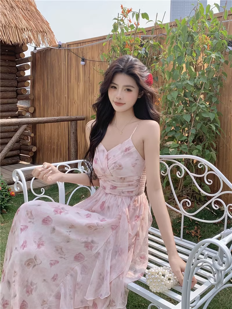New Fashion Elegant Floral Chiffon Spaghetti Strap Dress HZ1024